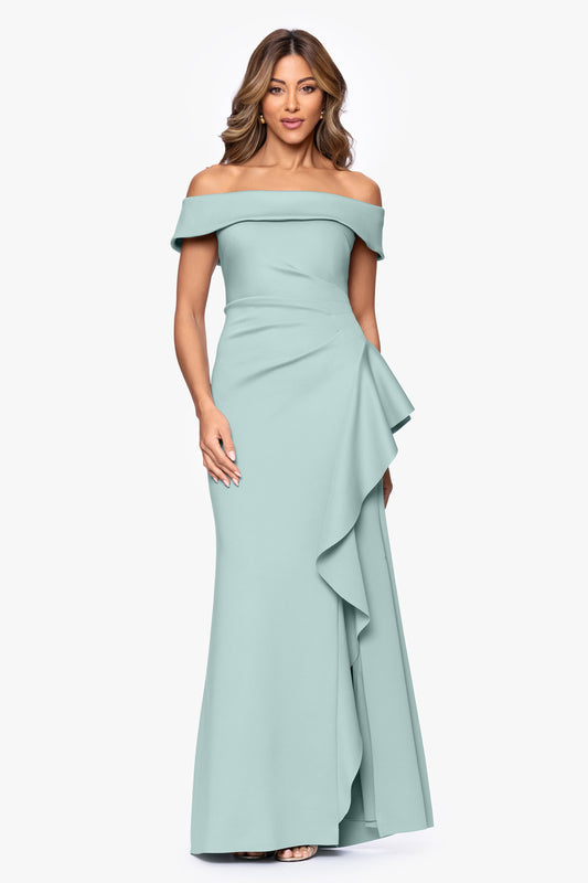 Petite "Dolly" Techno Scuba Off The Shoulder Ruffle Dress Sage XSCAPE