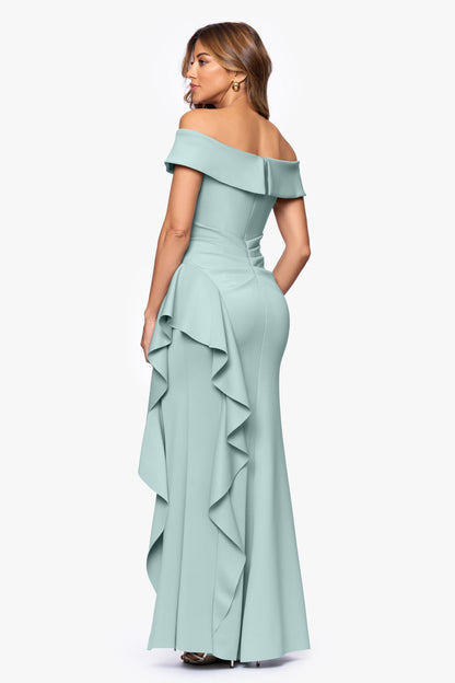 Petite "Dolly" Techno Scuba Off The Shoulder Ruffle Dress Sage XSCAPE