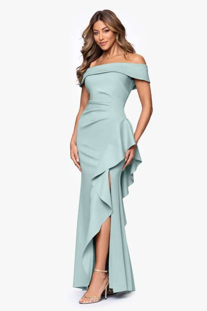 Petite "Dolly" Techno Scuba Off The Shoulder Ruffle Dress Sage XSCAPE