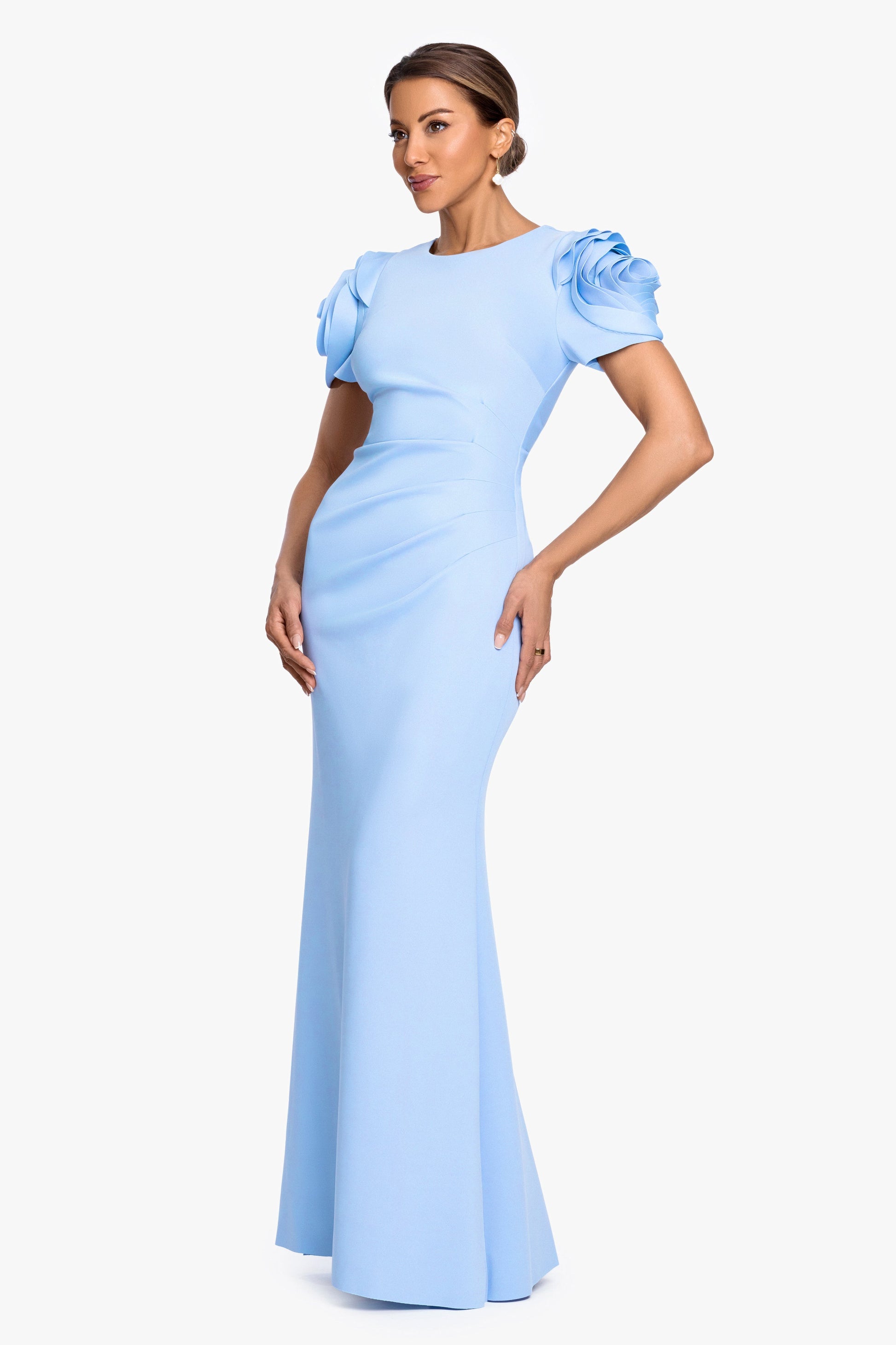 "Cami" Techno Scuba With Flower Shoulder Dress Periwinkle XSCAPE