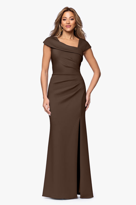 Petite "Lenore" Techno Scuba Asymmetrical Neckline Dress Brown XSCAPE