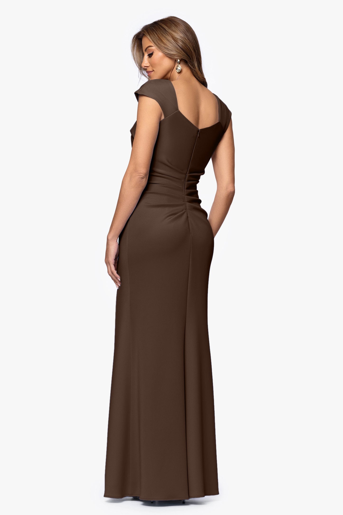 Petite "Lenore" Techno Scuba Asymmetrical Neckline Dress Brown XSCAPE