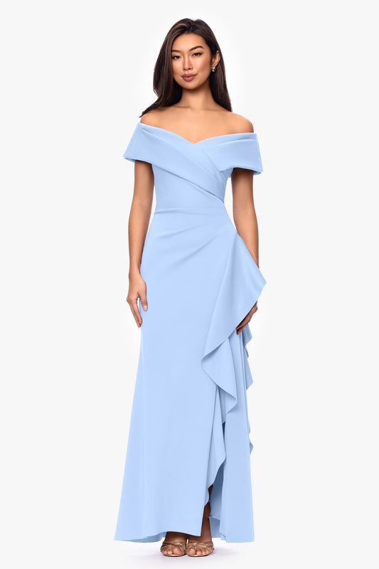Petite "Pearl" Techno Scuba Off the Shoulder Ruffle Dress Periwinkle XSCAPE