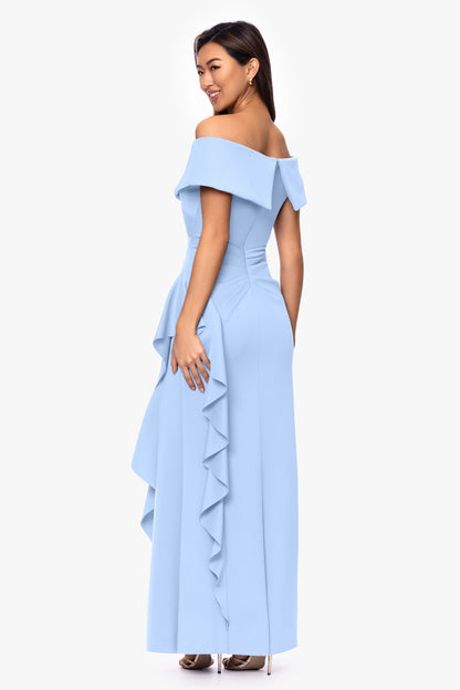 Petite "Pearl" Techno Scuba Off the Shoulder Ruffle Dress Periwinkle XSCAPE