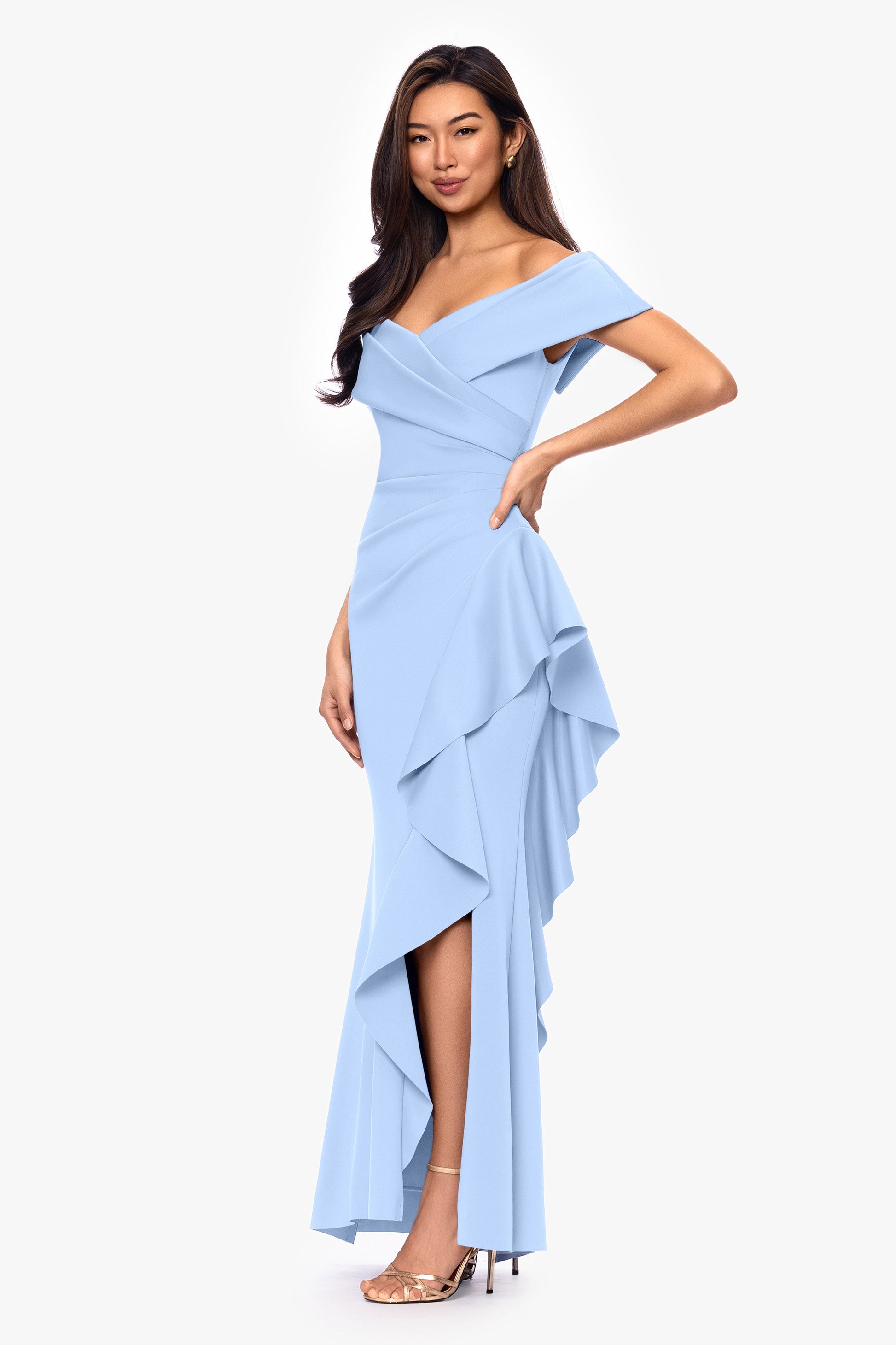 Petite "Pearl" Techno Scuba Off the Shoulder Ruffle Dress Periwinkle XSCAPE