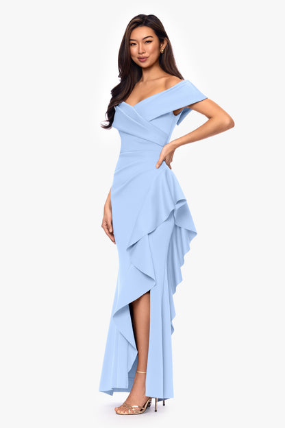 Petite "Pearl" Techno Scuba Off the Shoulder Ruffle Dress Periwinkle XSCAPE