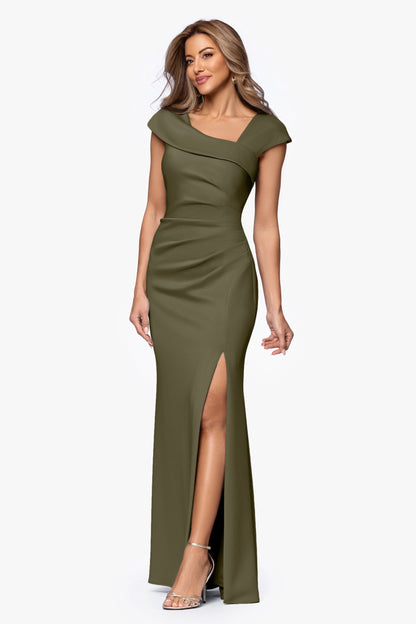 "Lenore" Techno Scuba Asymmetrical Neckline Dress Olive XSCAPE
