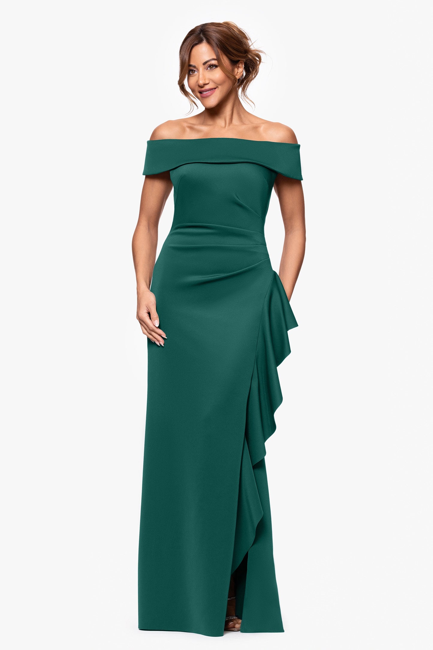 Petite "Dolly" Techno Scuba Off The Shoulder Ruffle Dress Hunter XSCAPE