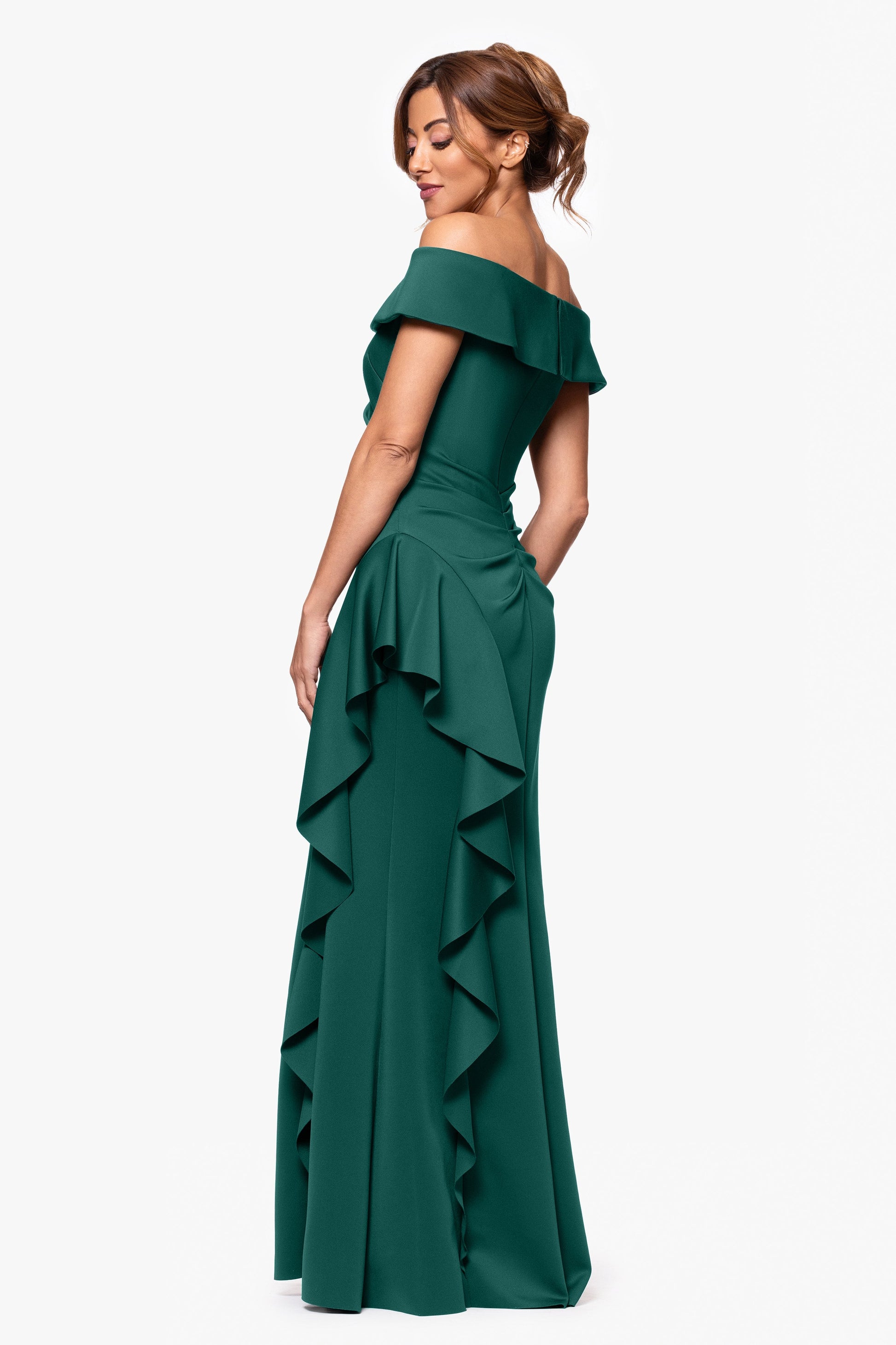 Petite "Dolly" Techno Scuba Off The Shoulder Ruffle Dress Hunter XSCAPE