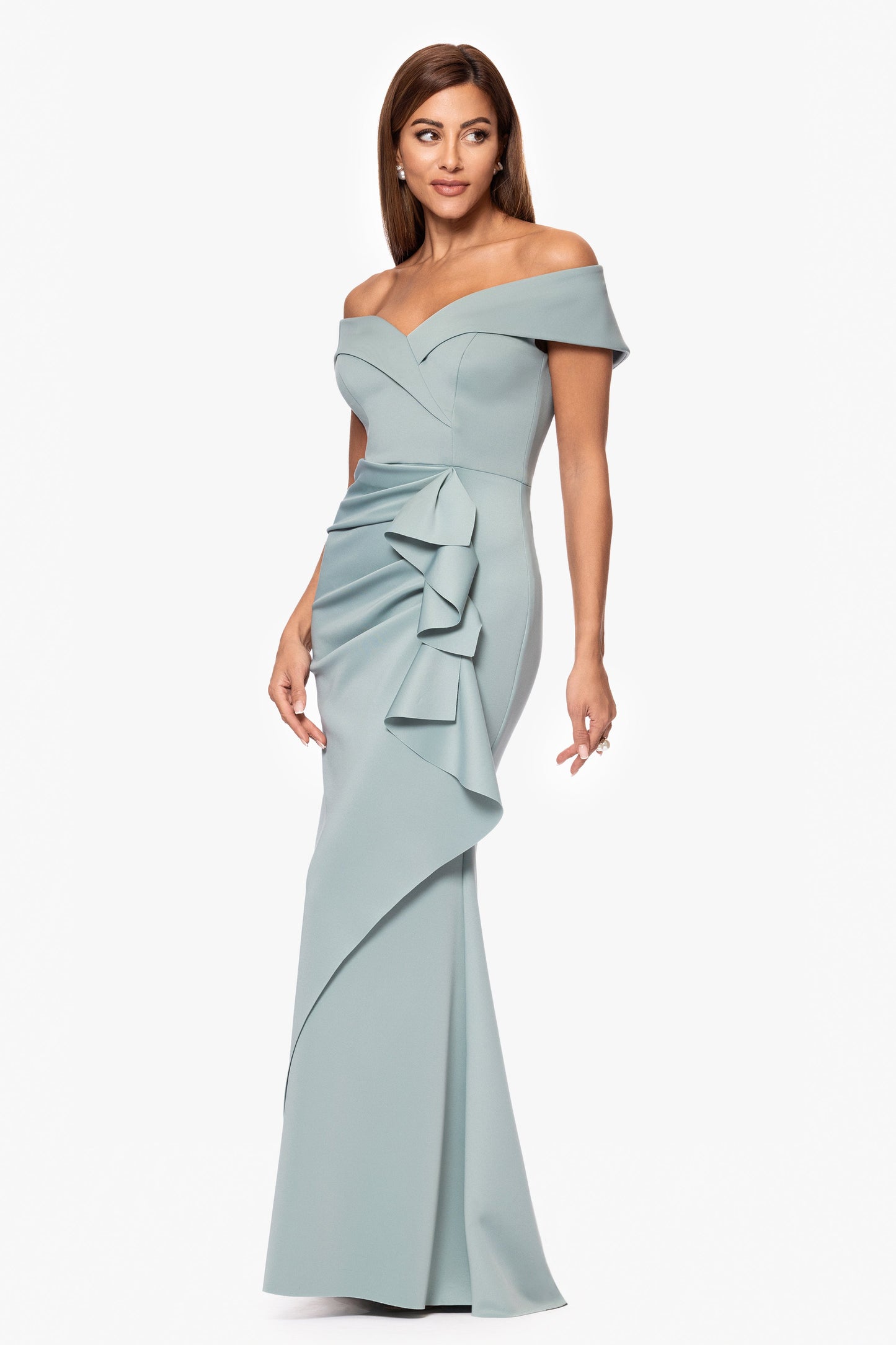 "Patti" Techno Scuba Off The Shoulder Dress Hunter XSCAPE