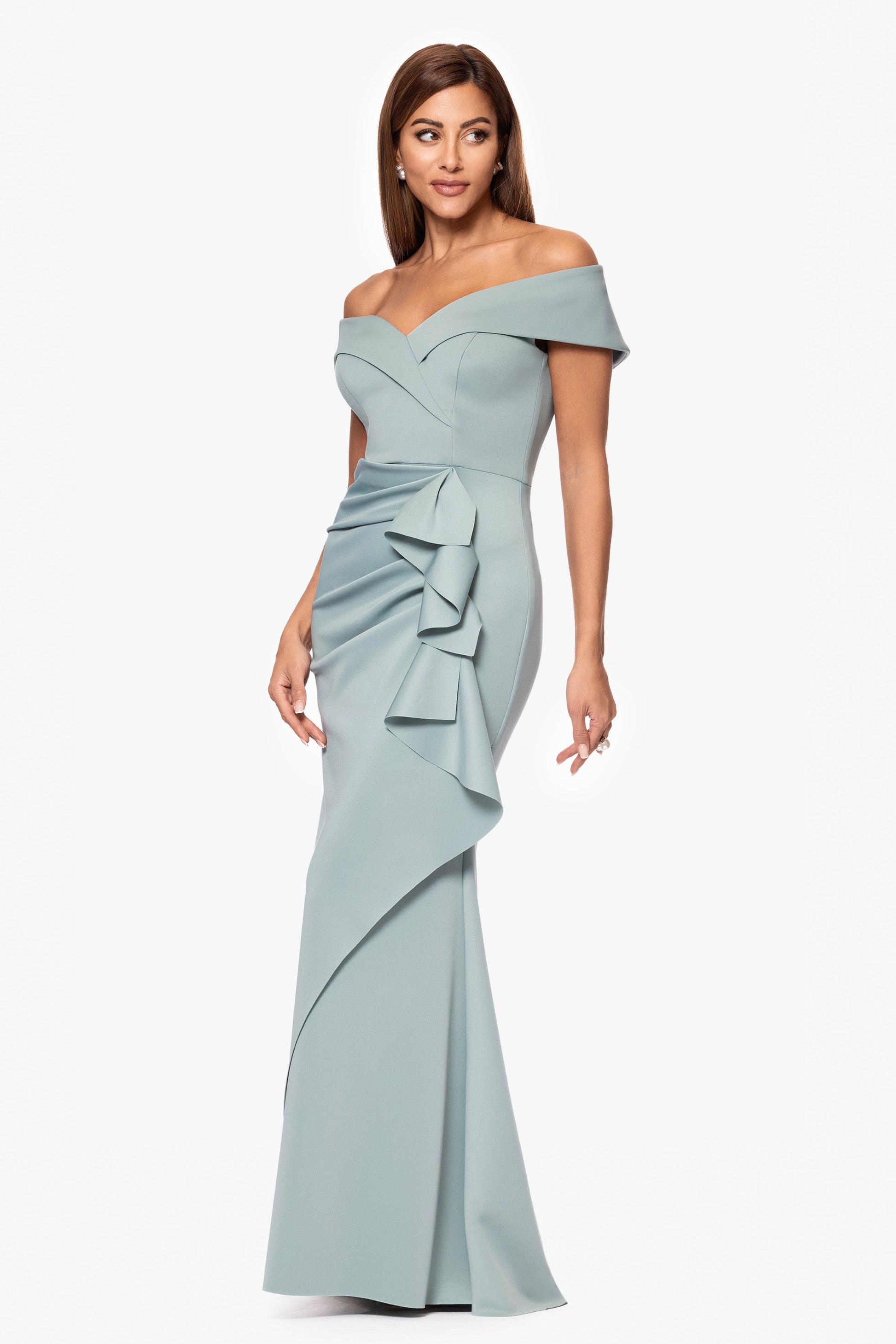 "Patti" Techno Scuba Off The Shoulder Dress Hunter XSCAPE