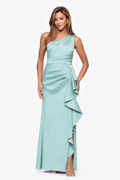 Petite "Nikki" Mikado One Shoulder Ruffle Dress Sage XSCAPE
