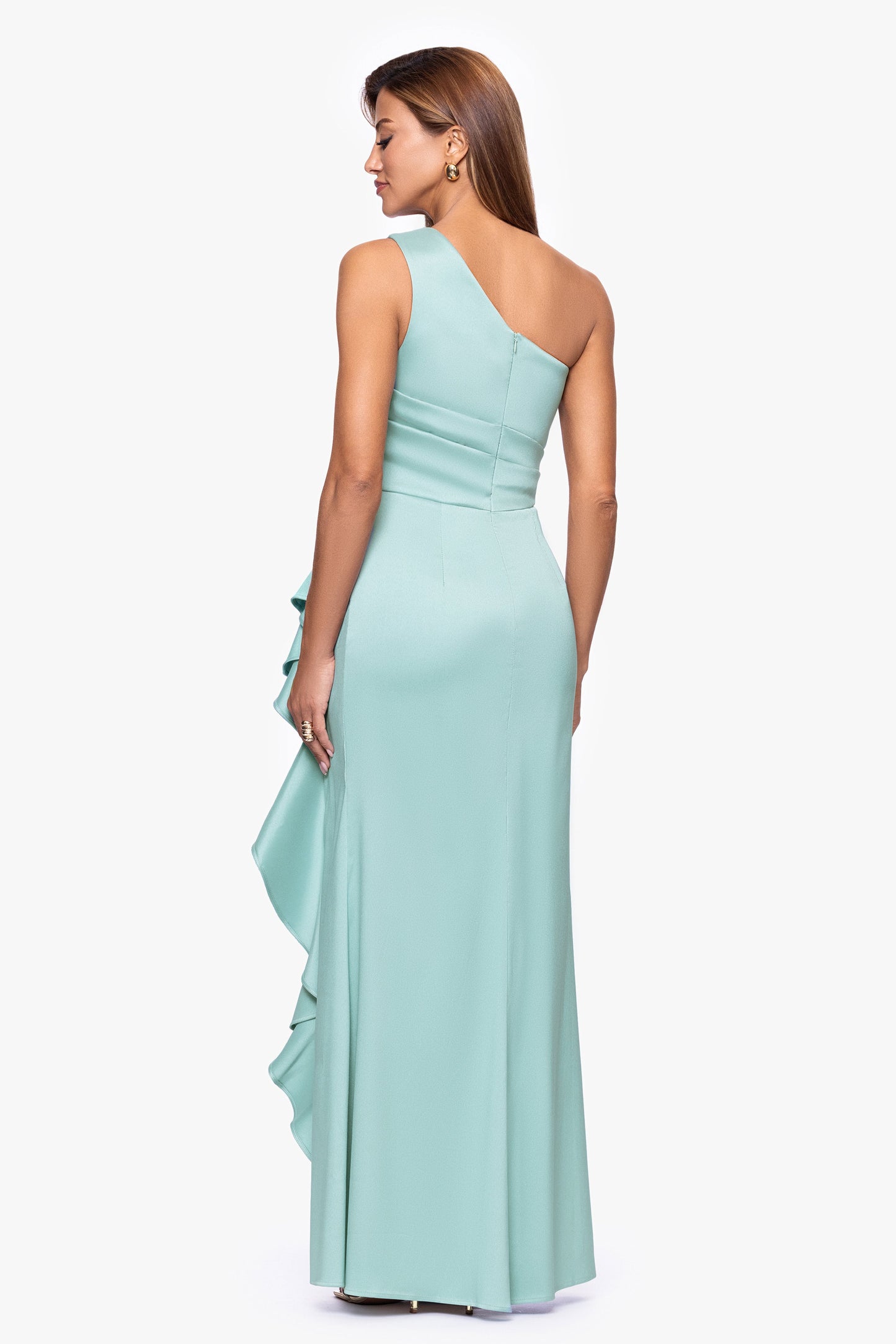 Petite "Nikki" Mikado One Shoulder Ruffle Dress Sage XSCAPE