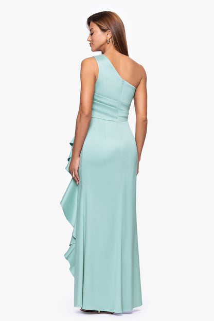 Petite "Nikki" Mikado One Shoulder Ruffle Dress Sage XSCAPE