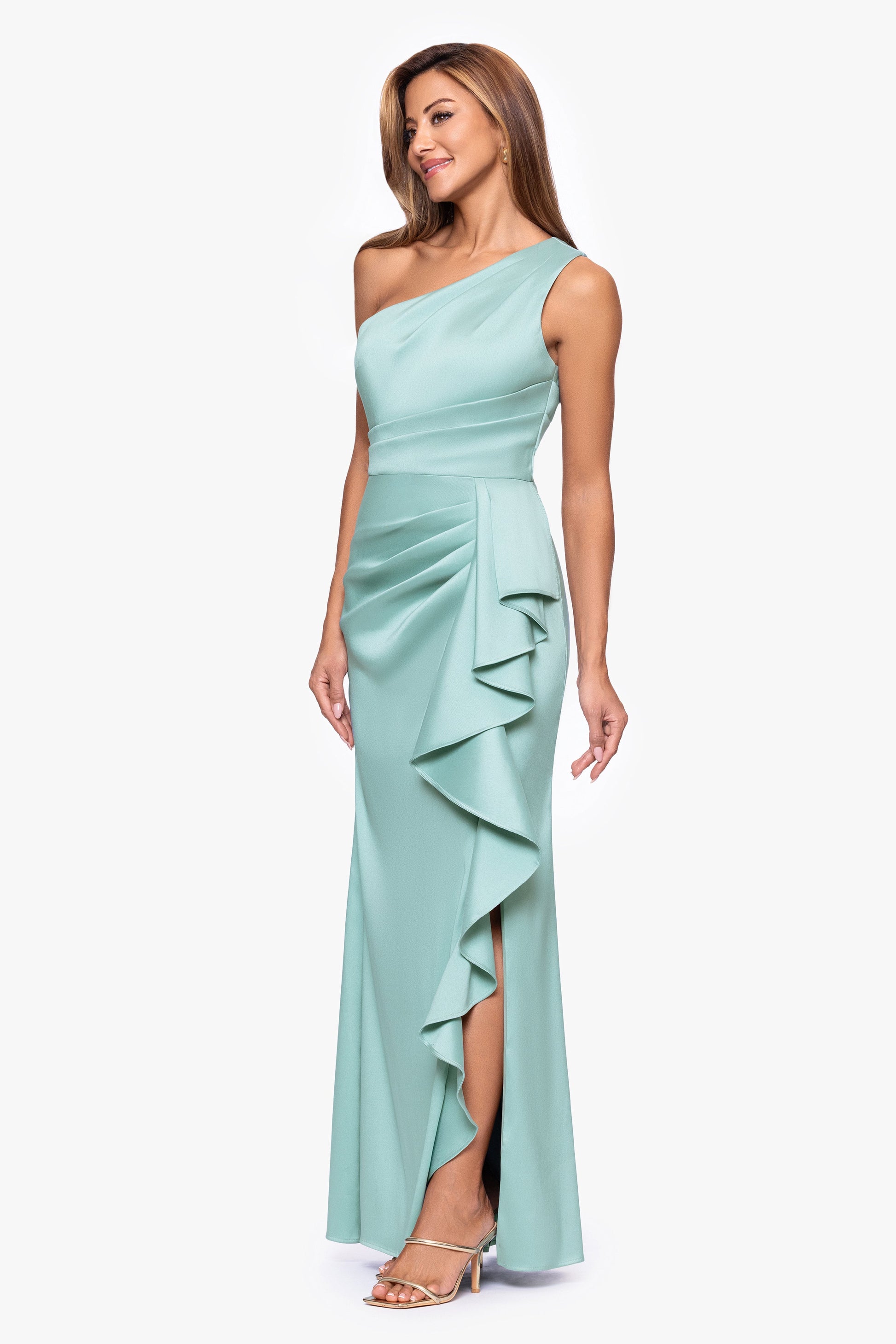 Petite "Nikki" Mikado One Shoulder Ruffle Dress Sage XSCAPE