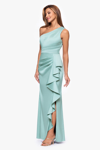 Petite "Nikki" Mikado One Shoulder Ruffle Dress Sage XSCAPE