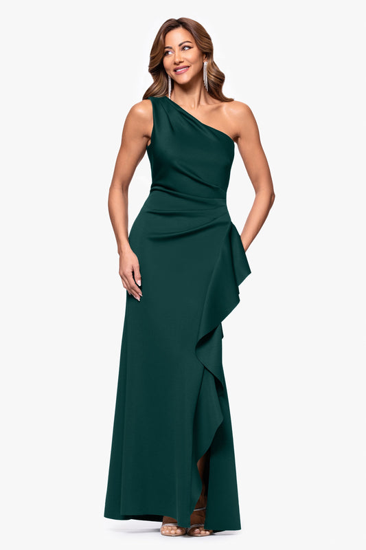 Petite "Flo" Techno Scuba One Shoulder Ruffle Dress Hunter XSCAPE