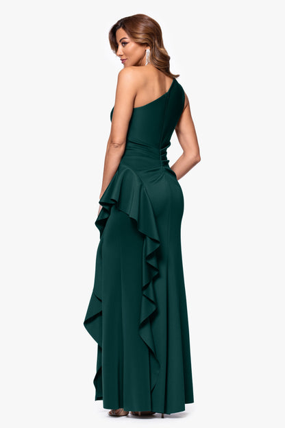 Petite "Flo" Techno Scuba One Shoulder Ruffle Dress Hunter XSCAPE