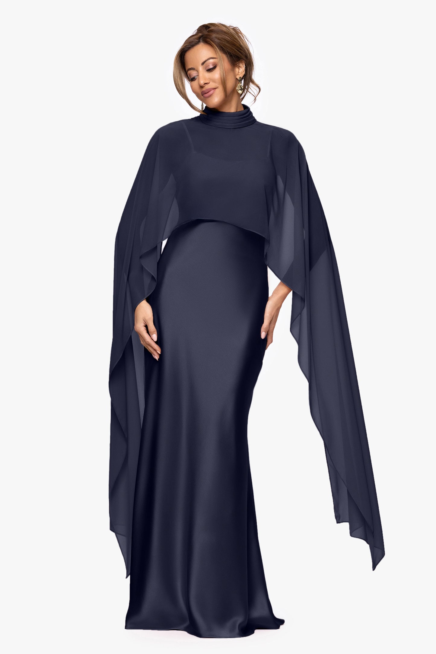 "Laura" Satin Dress With Removable Chiffon Shawl Dress Navy XSCAPE