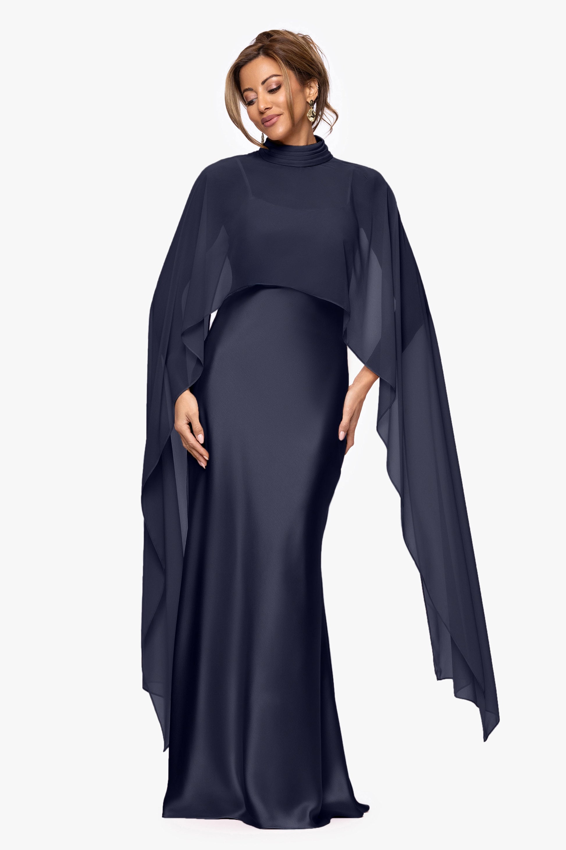 "Laura" Satin Dress With Removable Chiffon Shawl Dress Navy XSCAPE