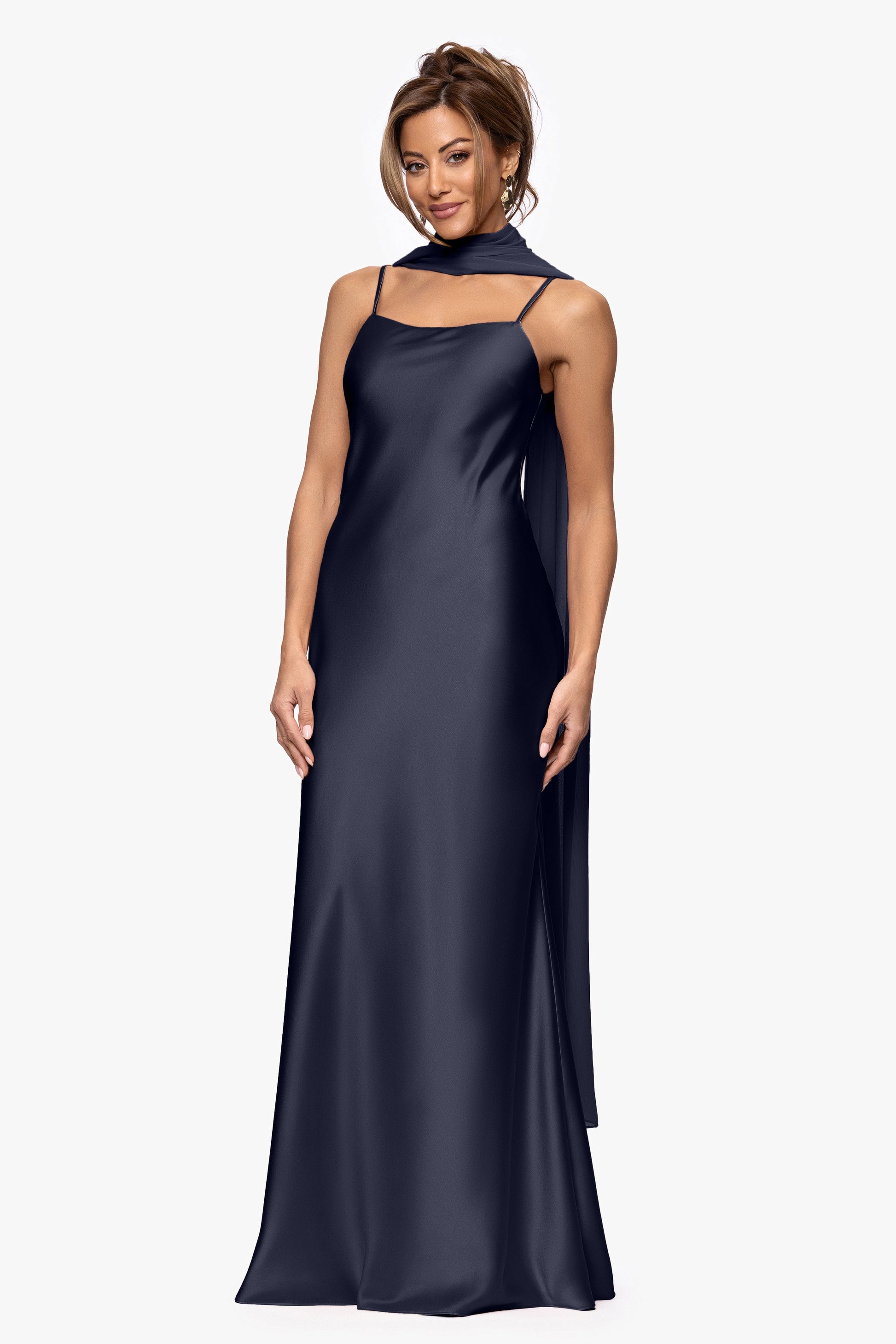 "Laura" Satin Dress With Removable Chiffon Shawl Dress Navy XSCAPE