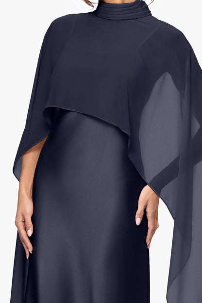 "Laura" Satin Dress With Removable Chiffon Shawl Dress Navy XSCAPE
