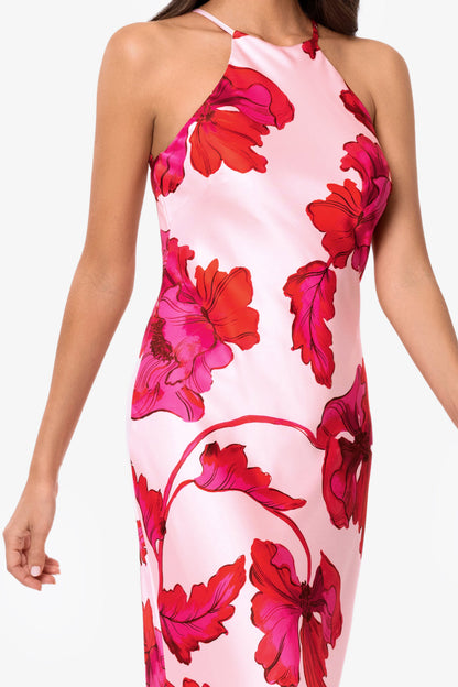 "Sienna" Printed Satin Tie Neck Dress Red/Pink XSCAPE