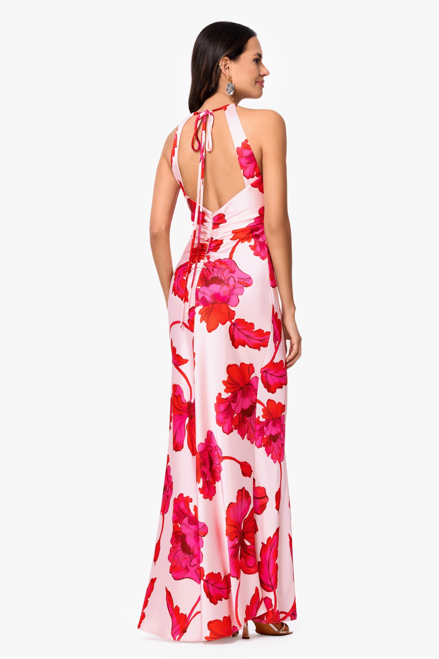 "Sienna" Printed Satin Tie Neck Dress Red/Pink XSCAPE