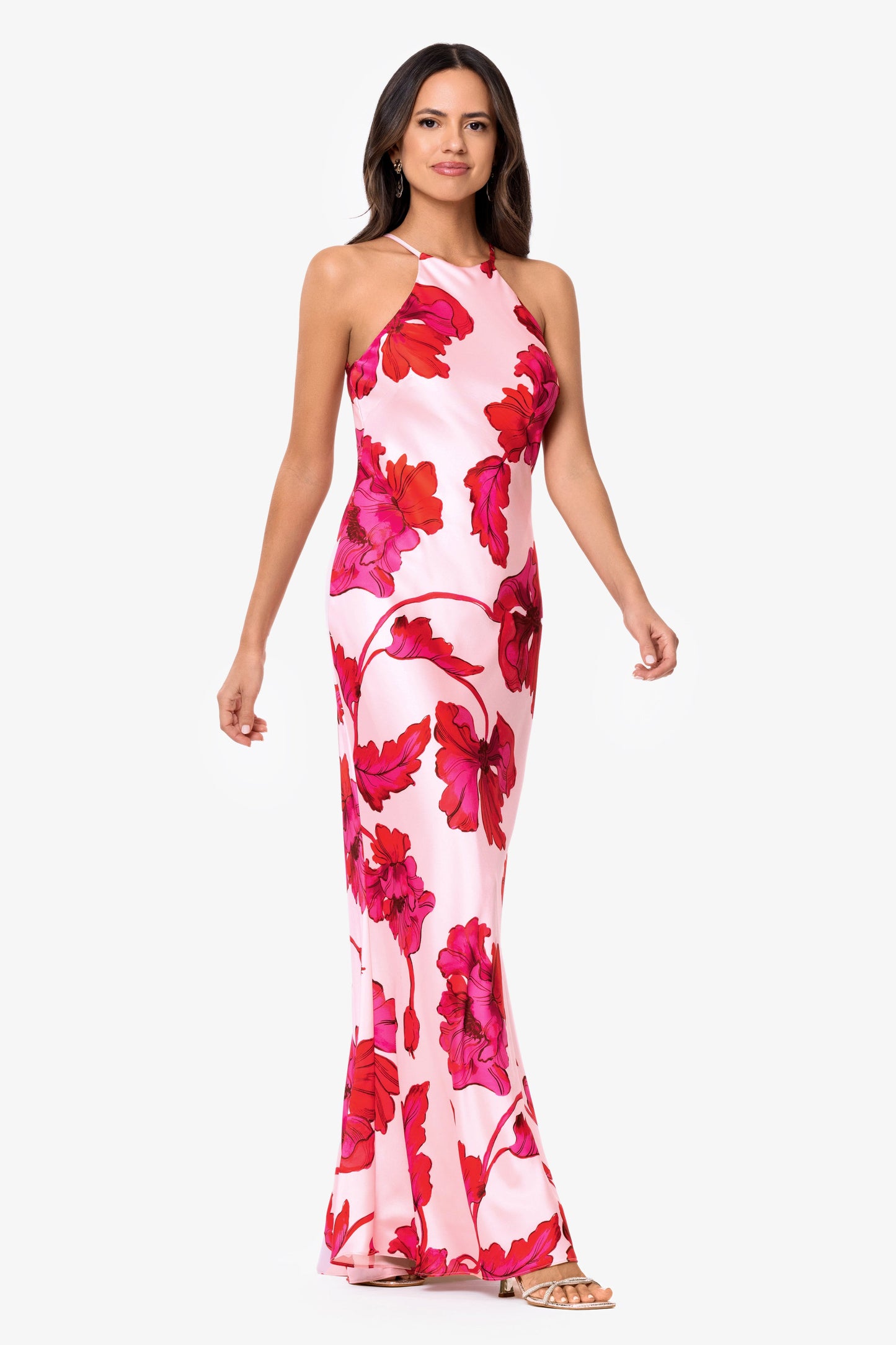 "Sienna" Printed Satin Tie Neck Dress Red/Pink XSCAPE