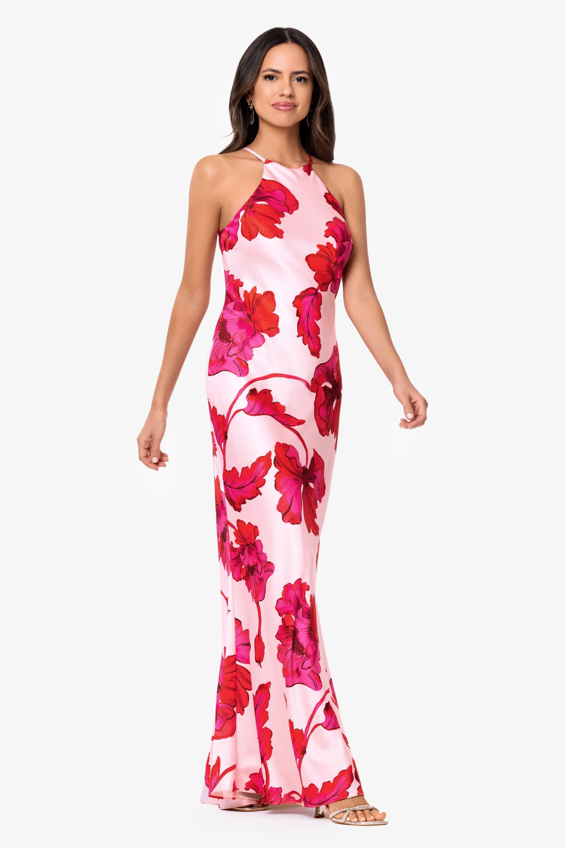 "Sienna" Printed Satin Tie Neck Dress Red/Pink XSCAPE