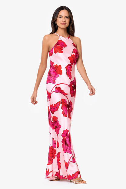 "Sienna" Printed Satin Tie Neck Dress Red/Pink XSCAPE