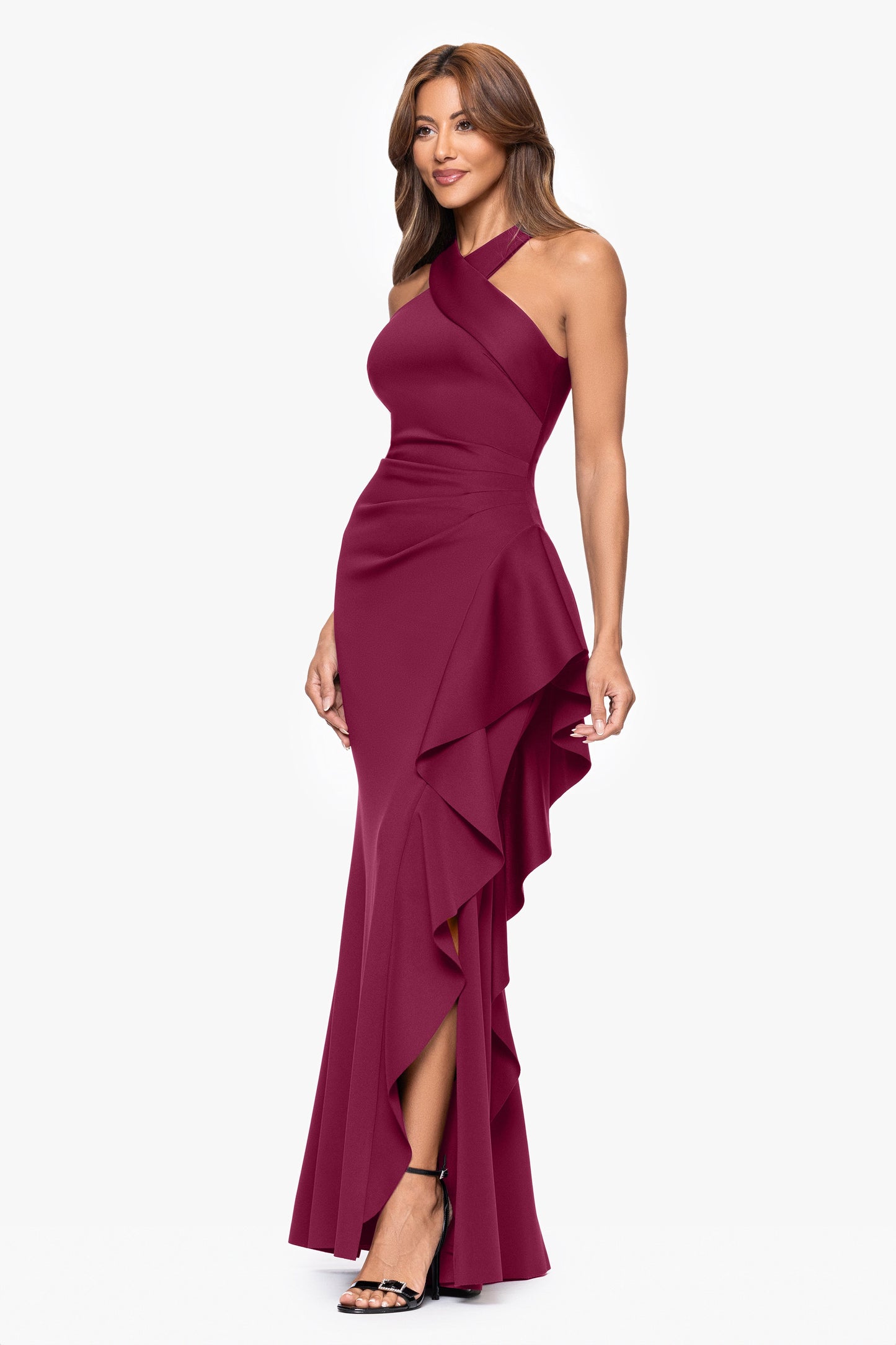 "Gigi" Techno Scuba Cross Neck Dress Wine XSCAPE