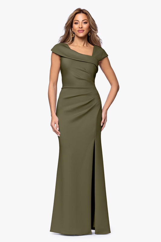 Petite "Lenore" Techno Scuba Asymmetrical Neckline Dress Olive XSCAPE