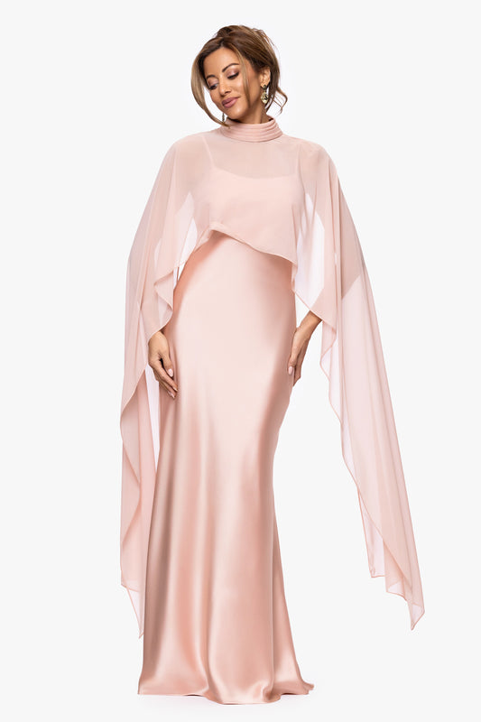 "Laura" Satin Dress With Removable Chiffon Shawl Rose Gold XSCAPE