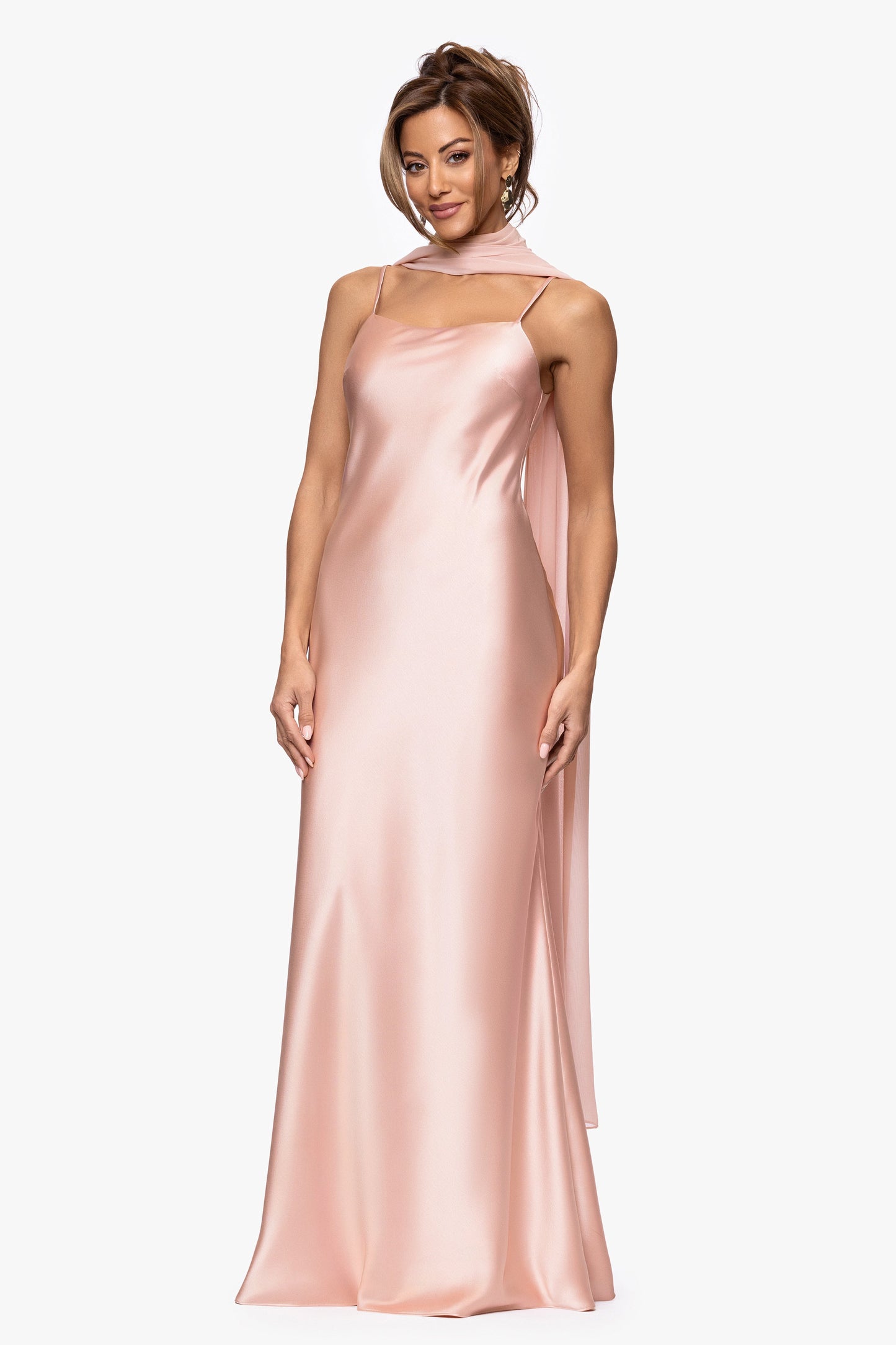 "Laura" Satin Dress With Removable Chiffon Shawl Rose Gold XSCAPE