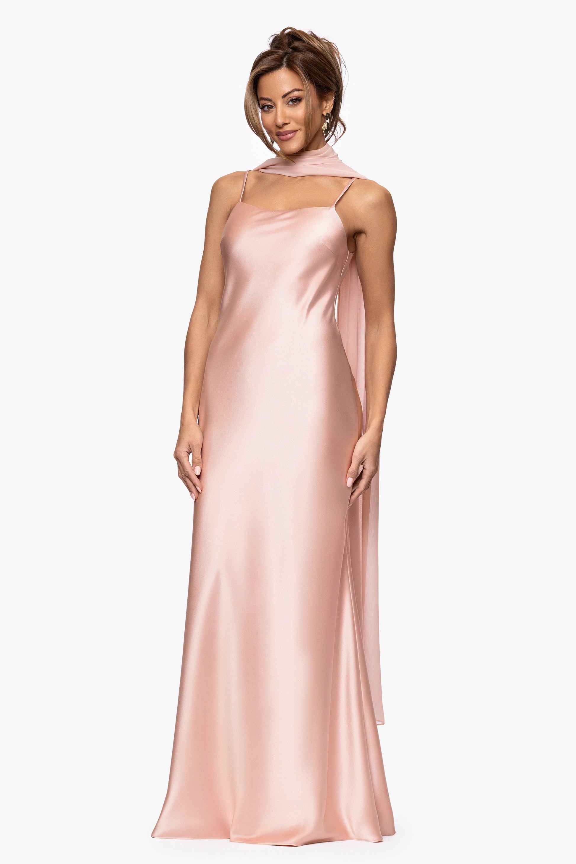 "Laura" Satin Dress With Removable Chiffon Shawl Rose Gold XSCAPE