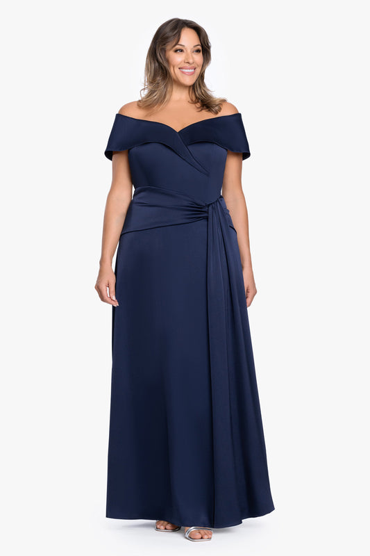 Plus "Daniella" Satin Off The Shoulder Short Sleeve Dress Navy XSCAPE