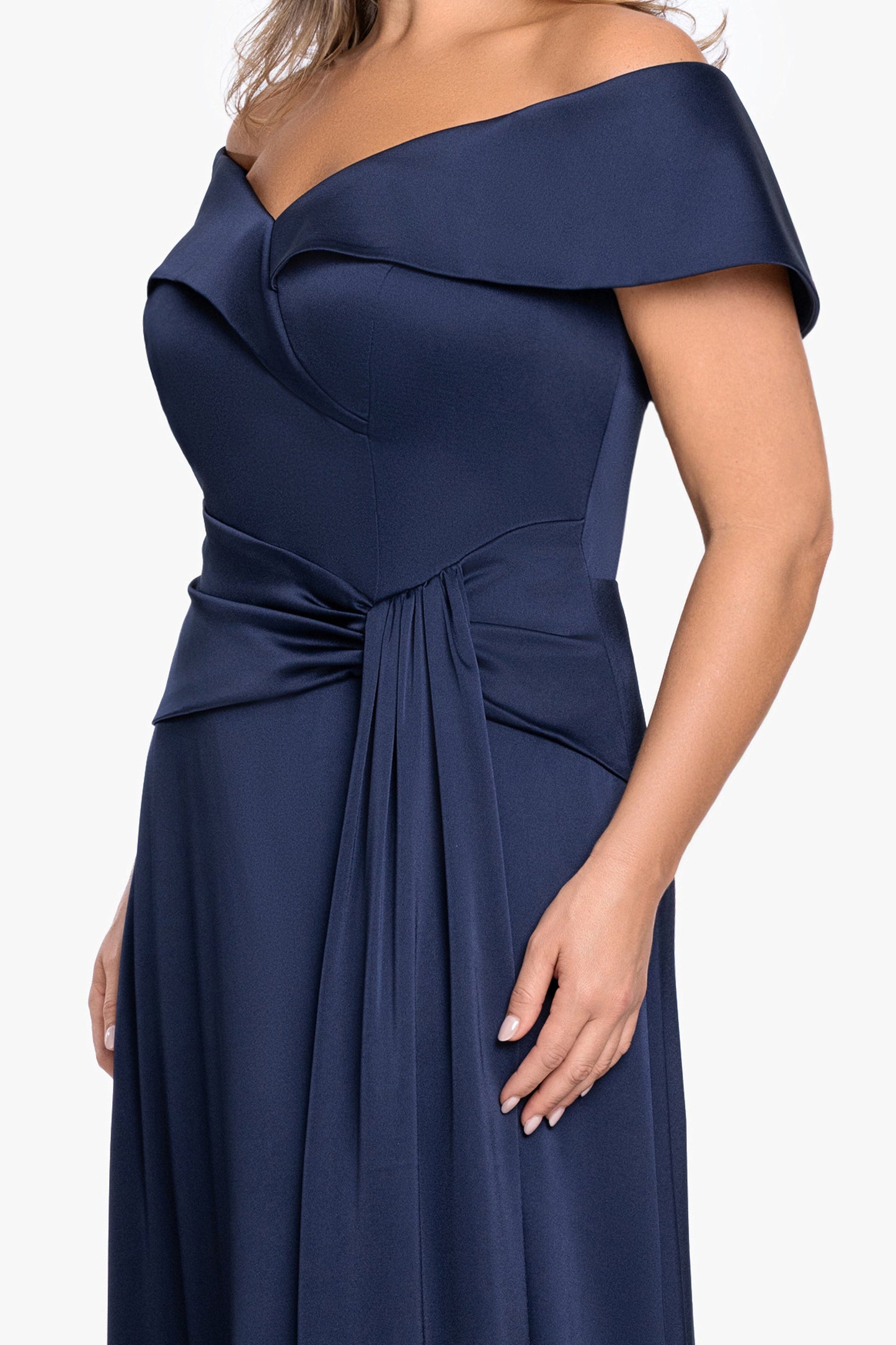 Plus "Daniella" Satin Off The Shoulder Short Sleeve Dress Navy XSCAPE