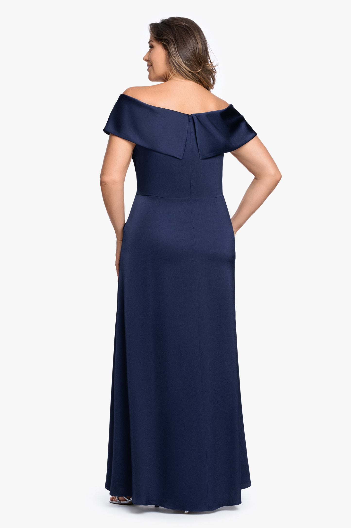 Plus "Daniella" Satin Off The Shoulder Short Sleeve Dress Navy XSCAPE