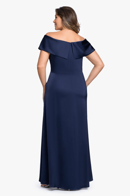 Plus "Daniella" Satin Off The Shoulder Short Sleeve Dress Navy XSCAPE