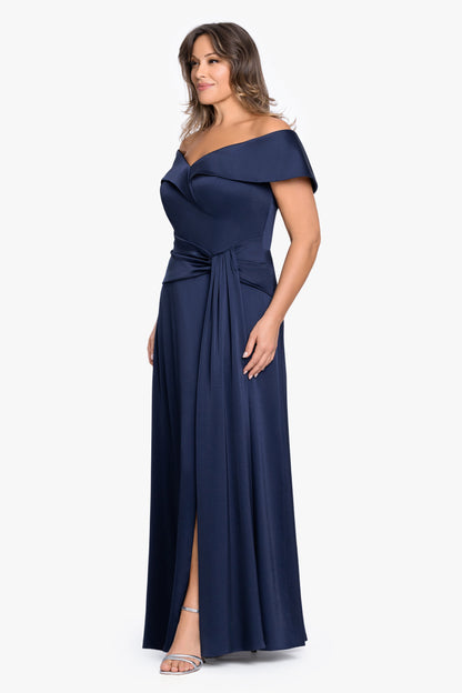 Plus "Daniella" Satin Off The Shoulder Short Sleeve Dress Navy XSCAPE