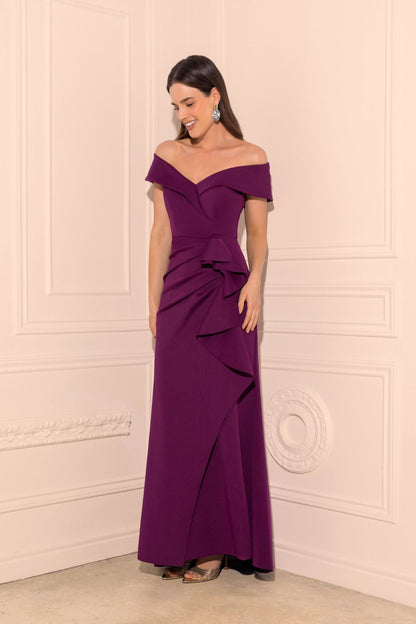 Petite "Patti" Techno Scuba Off The Shoulder Dress Raisin XSCAPE