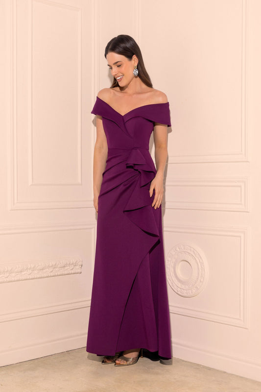 Petite "Patti" Techno Scuba Off The Shoulder Dress Raisin XSCAPE