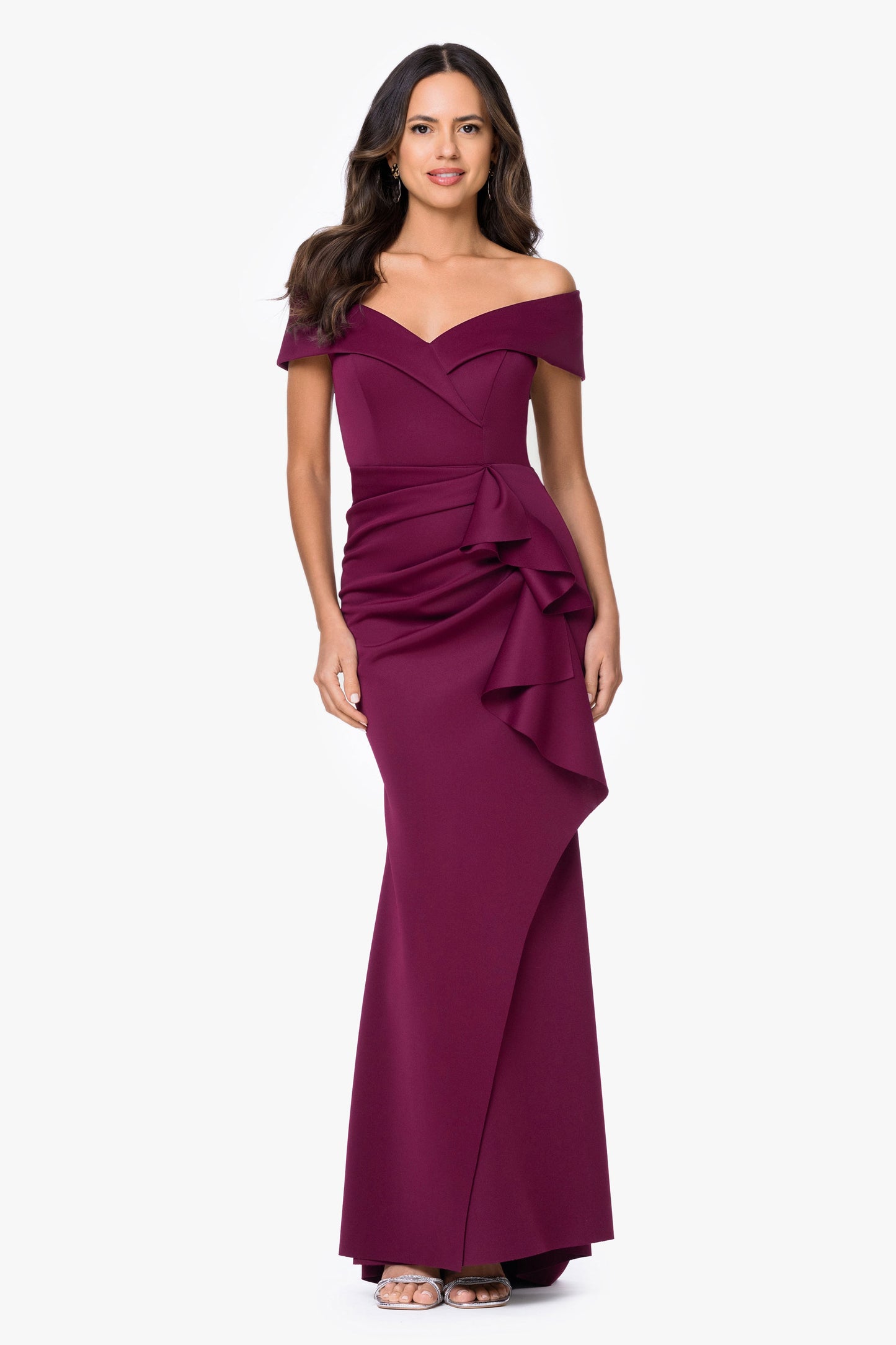 Petite "Patti" Techno Scuba Off The Shoulder Dress Raisin XSCAPE