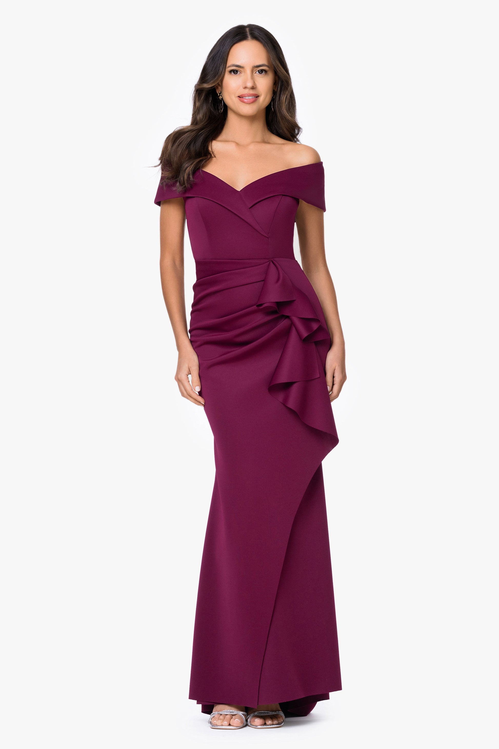 Petite "Patti" Techno Scuba Off The Shoulder Dress Raisin XSCAPE