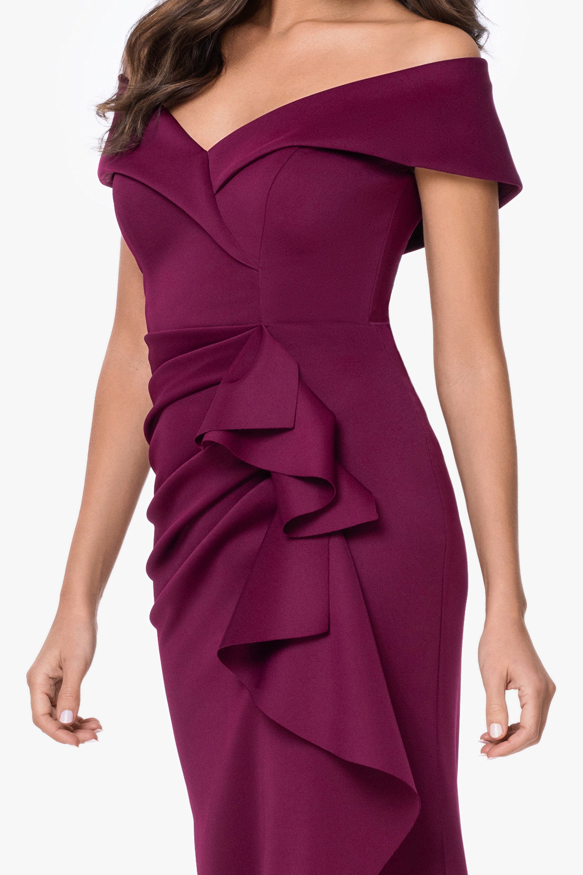 Petite "Patti" Techno Scuba Off The Shoulder Dress Raisin XSCAPE