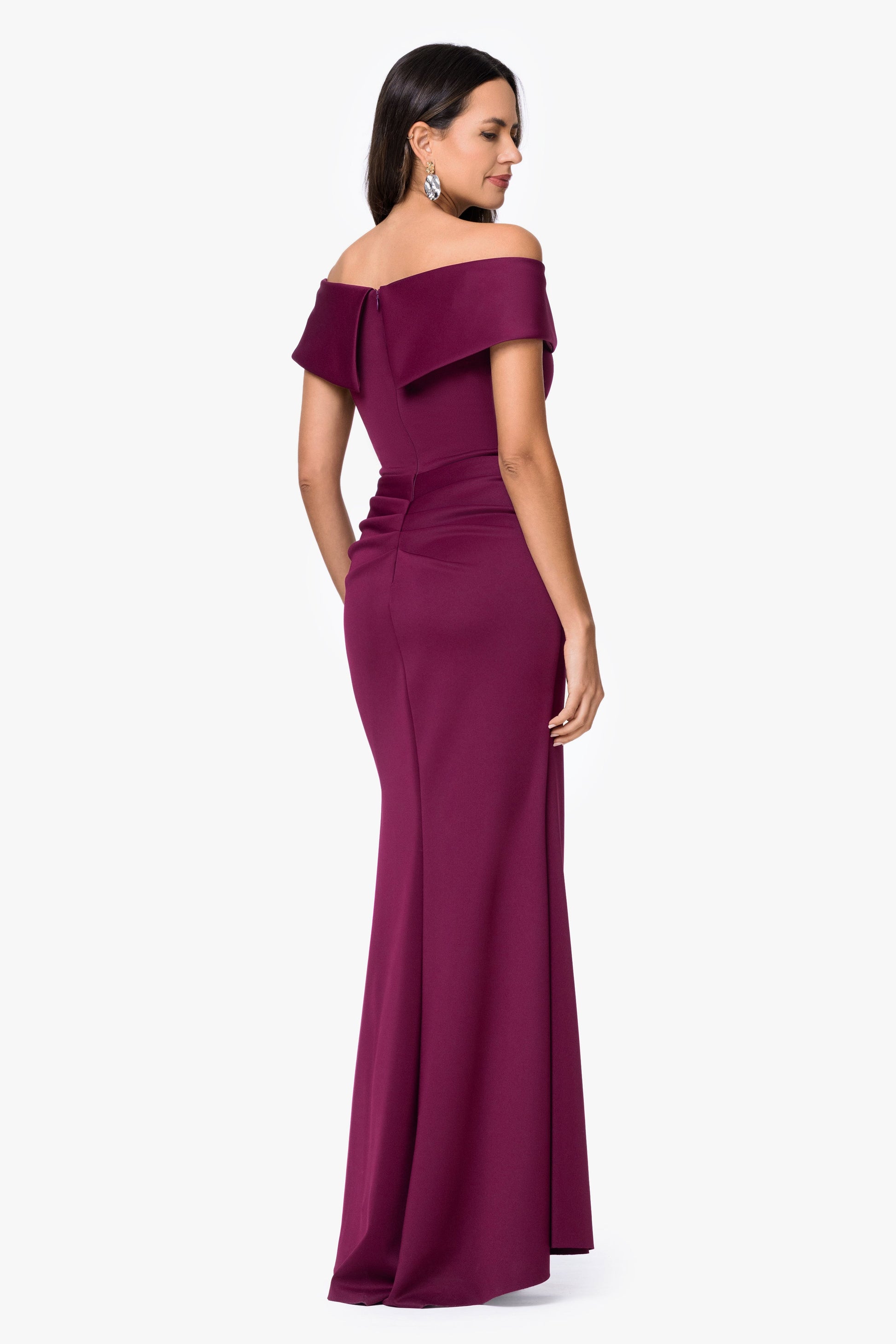 Petite "Patti" Techno Scuba Off The Shoulder Dress Raisin XSCAPE