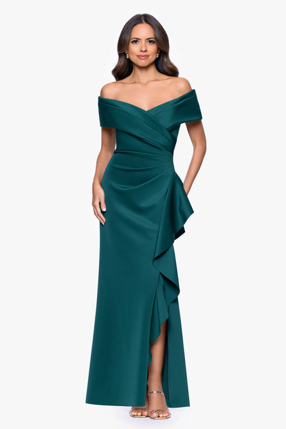 "Pearl" Techno Scuba Off the Shoulder Ruffle Dress Hunter XSCAPE