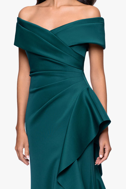 "Pearl" Techno Scuba Off the Shoulder Ruffle Dress Hunter XSCAPE