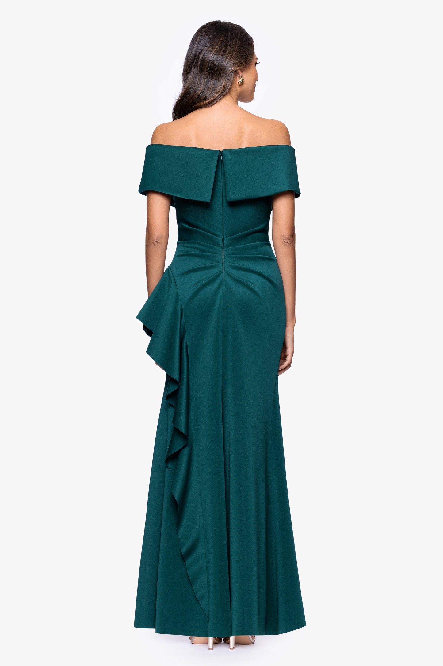 "Pearl" Techno Scuba Off the Shoulder Ruffle Dress Hunter XSCAPE
